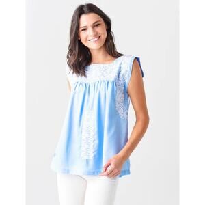 J. Marie The Madison Pinstripe Embroidered Boho Tank Top Blue White Size S